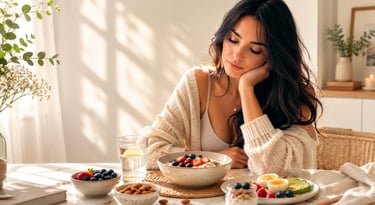 A woman eating a healthy breakfast of oatmeal, berries, and avocado in a sunlit kitchen.