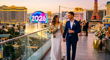 Newlywed couple walking on a Las Vegas balcony overlooking the Strip fountains and Sphere.