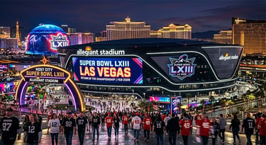Crowds walking toward Allegiant Stadium in Las Vegas for Super Bowl LXIII with neon signs and city skyline.
