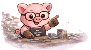 Cute cartoon pig character wearing glasses and an apron crafting minimalist 999 silver fine jewelry