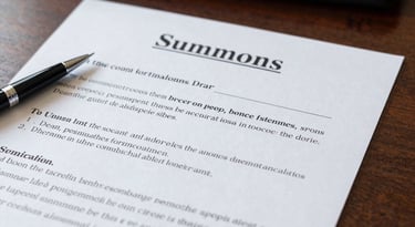 An investigator interviewing a client in a warmly lit office, papers and notes spread out on the desk.