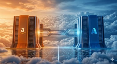 Duelo de servidores AWS vs Azure en la nube: arquitectura naranja y azul en entorno futurista.
