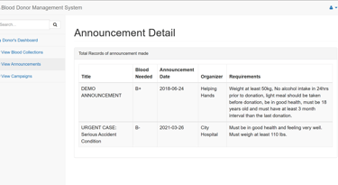 Blood Donor Management System - View Announcements Page