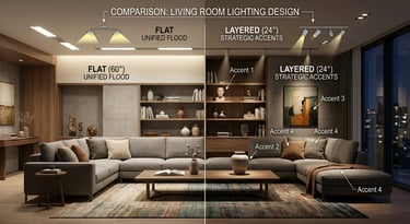 Interior design comparison showing layered 24 degree spotlighting vs flat 60 degree flood lighting.