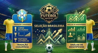 Banner de Seleção Brasileira do portal Futebol Insight com cartões de tradição e análise de desempenho, logo dourado.