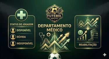 Banner de Departamento Médico do portal Futebol Insight com cartões de status do jogador e reabilitação, logo dourado.
