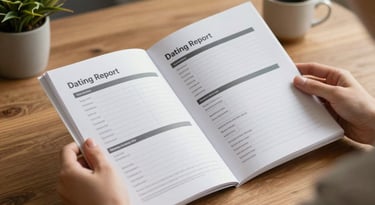 Medium shot of a woman's hands holding open a printed Dating Report Card booklet at a wooden table, warm studio light from the left, a small plant and ceramic cup visible in the soft background, focus on the open pages