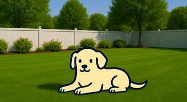 Cartoon dog relaxing in a clean backyard lawn with fence and flowers, symbolizing Salem dog waste cl