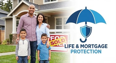 a family standing in front of a home with a life insurance sign