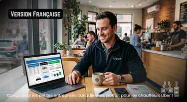VERSION FRANÇAISE - Chauffeur Uber dans un café utilisant un logiciel de gestion d'impôt