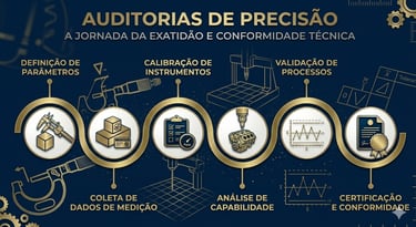 Infográfico de Auditoria de Precisão com fluxo técnico