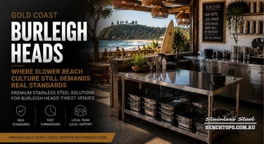 Open-air restaurant kitchen island featuring a heavy-duty stainless steel bench Burleigh Heads.