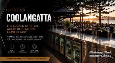 Custom outdoor bar service line showcasing a stainless steel bench Coolangatta.
