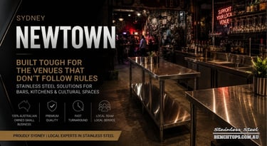 Custom commercial bar island and stainless steel bench Newtown in a moody venue.