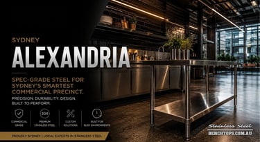 Modern commercial kitchen setup with a heavy-duty stainless steel bench Alexandria.