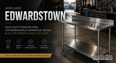 Industrial work table and heavy-duty stainless steel bench Edwardstown in a workshop.