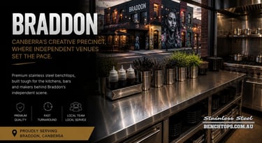 Commercial kitchen pass featuring a custom stainless steel benchtop Braddon.