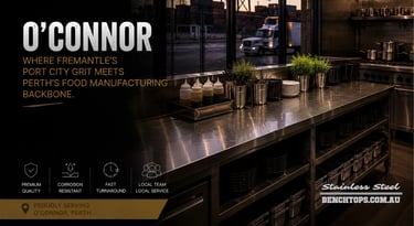 Custom kitchen service counter showcasing a heavy-duty stainless steel bench O'Connor.