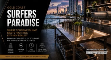 Custom commercial island counter and stainless steel bench Surfers Paradise overlooking the beach.