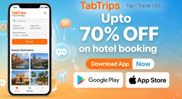 TabTrips travel app interface showing up to 70% off hotel bookings and popular India destinations.