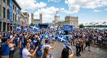 Crowds celebrate La Fête nationale du Québec parade with blue flags and music in Old Montreal.