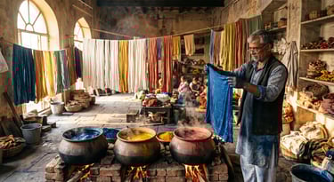 Natural dye clothing manufacturer India — sustainable fabric dyeing with plant-based indigo in Jaipur artisan workshop