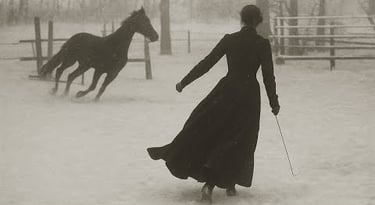 a woman and her horse running in the snow