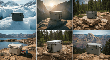 hard cooler for US mountain camping in different weather and scenic location
