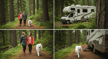 Couple enjoying a hike at a National Park with happy dog by RV