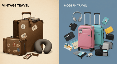 graphic of vintage travel accessories and modern travel accessories