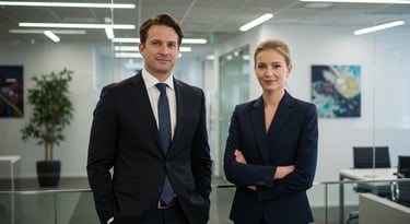 Professional man and woman in business attire standing confidently in an office setting.