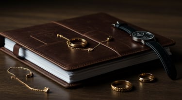Close-up of professional accessories including portfolio, watch, and subtle jewelry.