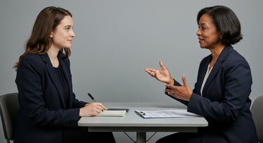 Person receiving feedback in a mock interview setting with a professional coach.