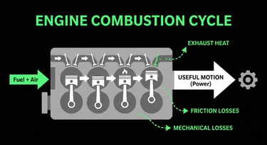 Diagram showing how a combustion engine converts fuel to motion, with heat and friction losses annotated