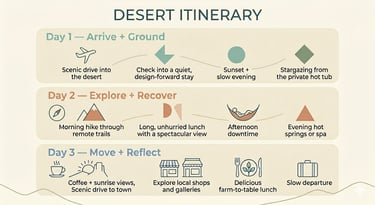 Three-day desert vacation itinerary featuring hiking, hot springs, and local gallery tours.