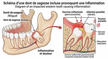 Schéma d'une dent de sagesse incluse provoquant une inflammation
