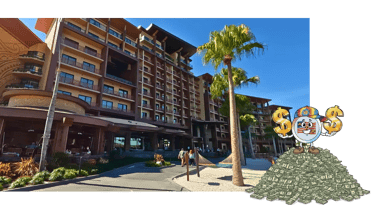 Disney World resort hotel exterior with palm trees, cartoon mascot standing on a pile of cash representing high hotel costs