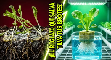 Comparison of unhealthy moldy seedlings versus a thriving hydroponic plant under LED grow lights.