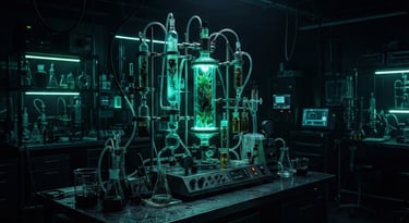 Wide panoramic laboratory setting, high-contrast, moody, low-key lighting with sharp, clinical neon-green accent glows, a vacuum-sealed extraction array with botanical specimens, macro lens, 35mm, dark obsidian background, off-center subject.