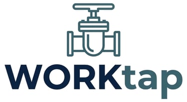 WorkTap logo featuring a teal valve icon above dark blue and teal text on a white background.