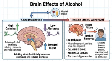Diagram of brain effects of alcohol showing acute intoxication symptoms and the rebound effect of withdrawal.