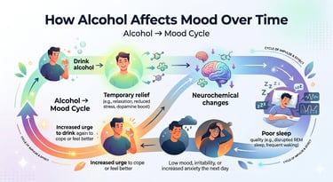 Diagram showing how the alcohol mood cycle leads to neurochemical changes, poor sleep, and increased anxiety.