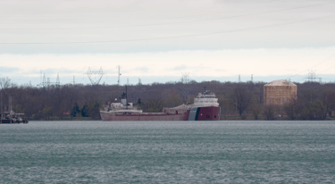 Classic freighter John G. Munson in the distance, Trees and a liquid storage tank in the background.
