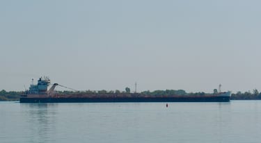 A black and white freighter passes a red buoy.