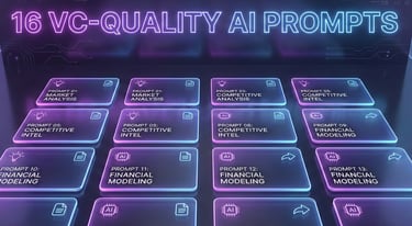 Sixteen glowing neon-gradient AI prompt cards arranged in a grid, representing VC-quality prompts fo