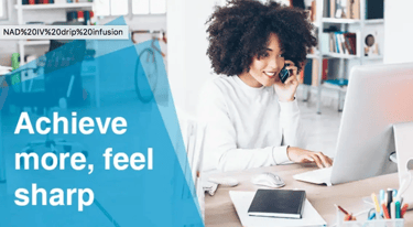 woman smiling while working on the computer, text 'achieve more, feel sharp'