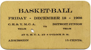 Early Basketball Game Ticket 1908 Detroit Michigan YMCA