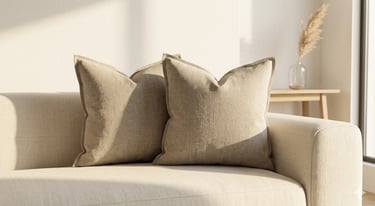 neutral color palette living room greige linen cushion set on cream sofa