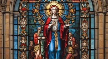 An artistic depiction of a saint surrounded by soft candlelight and traditional Catholic symbols