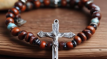 An artistic depiction of a saint surrounded by soft candlelight and traditional Catholic symbols